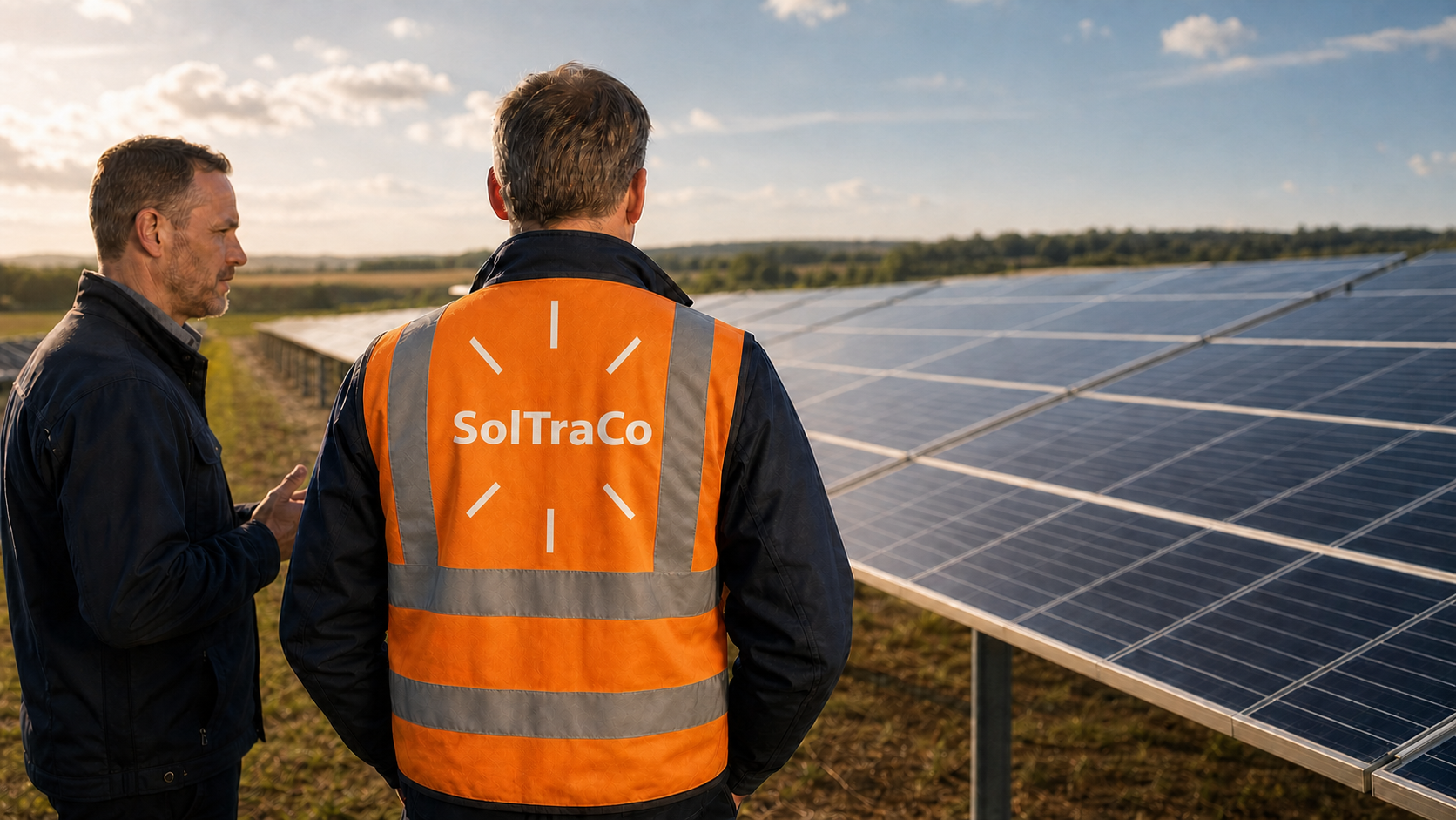 Two solar professionals reviewing an installation, with a large white SolTraCo mark on a safety vest