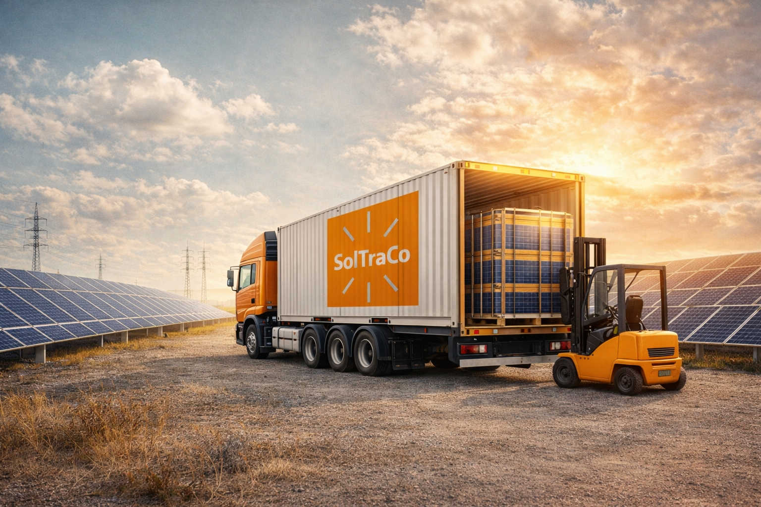 SolTraCo truck moving solar modules through an international solar landscape